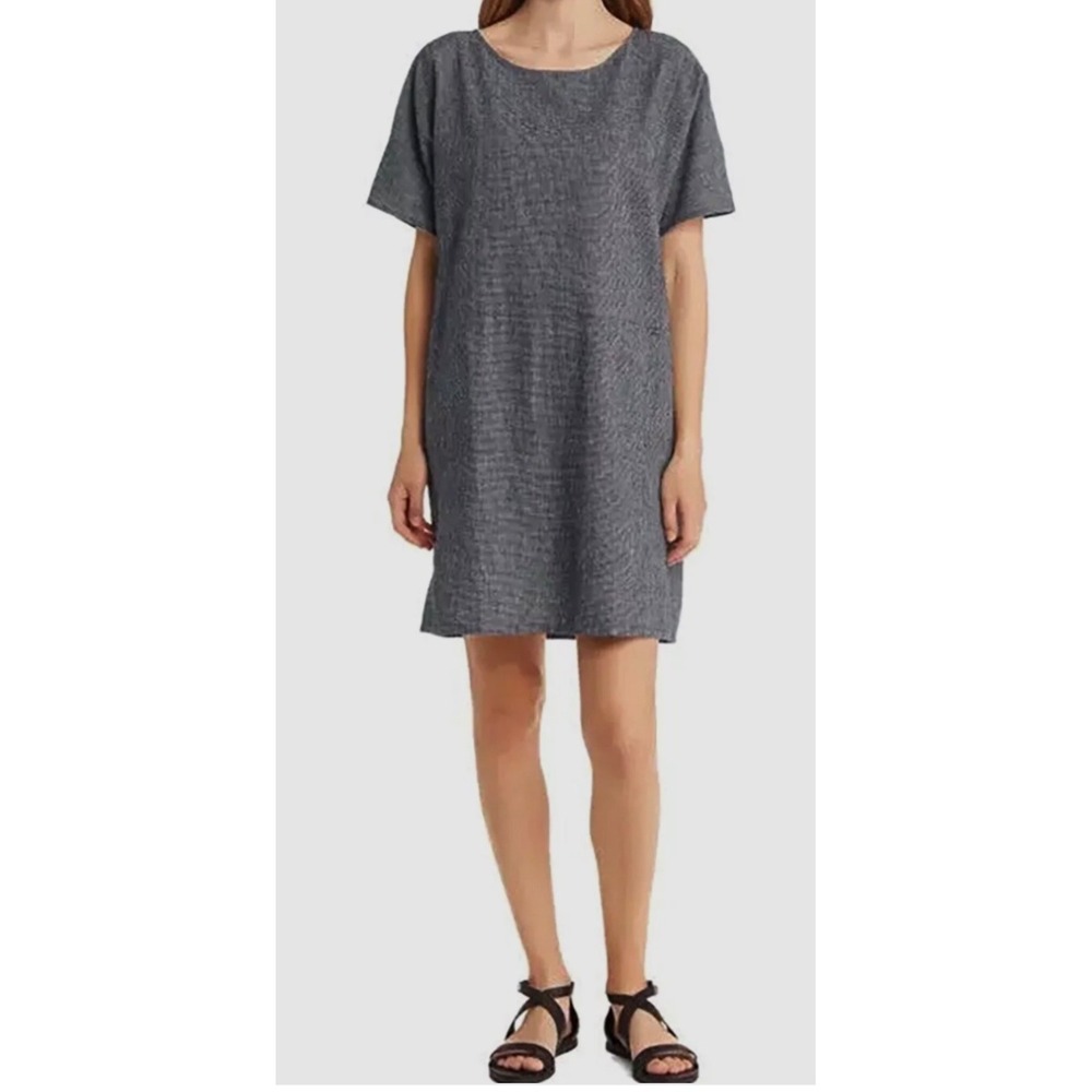 Eileen Fisher Dress Large Black White Gray Oversize Organic Linen Cotton Pockets